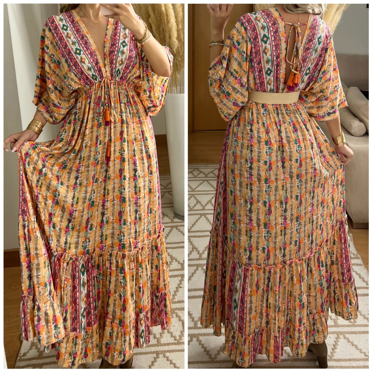 Boho Maxi Dress in 100% Natural Silk – Vibrant Elegance - Bohèmea Butik