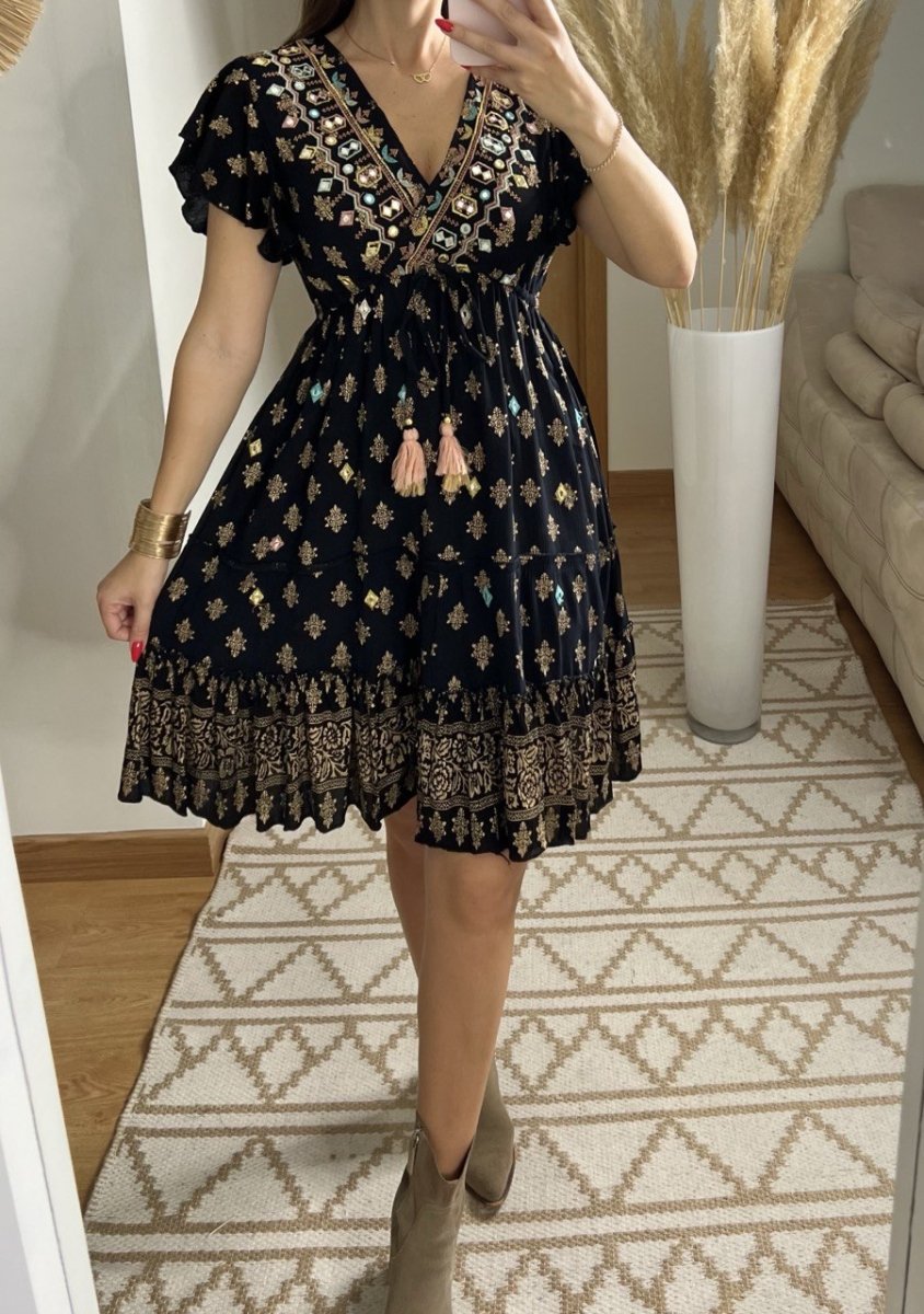 Boho Chic Mini Dress – Hand - Embroidered Elegance - Bohèmea Butik