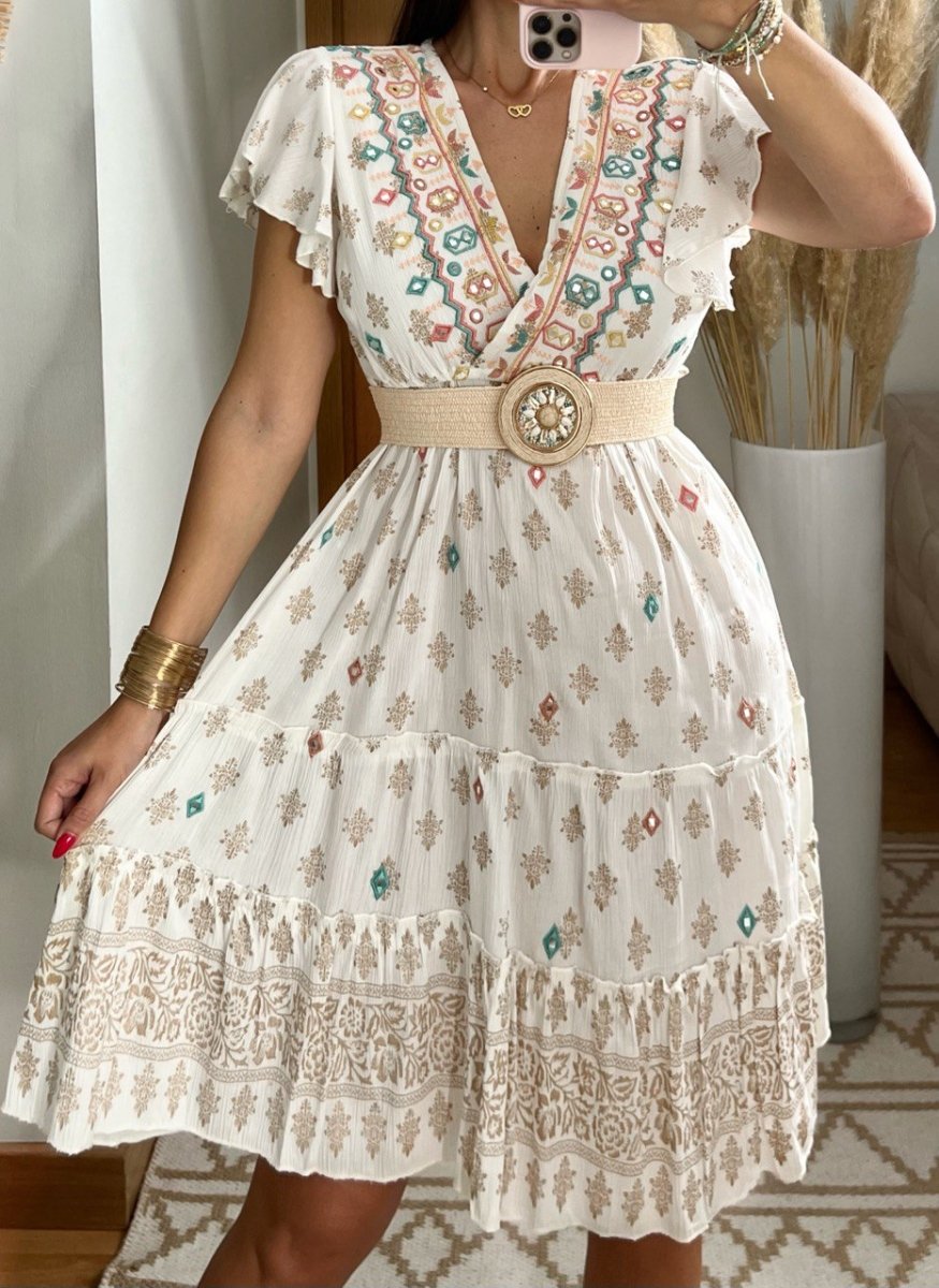 Boho Chic Mini Dress – Hand - Embroidered Elegance - Bohèmea Butik