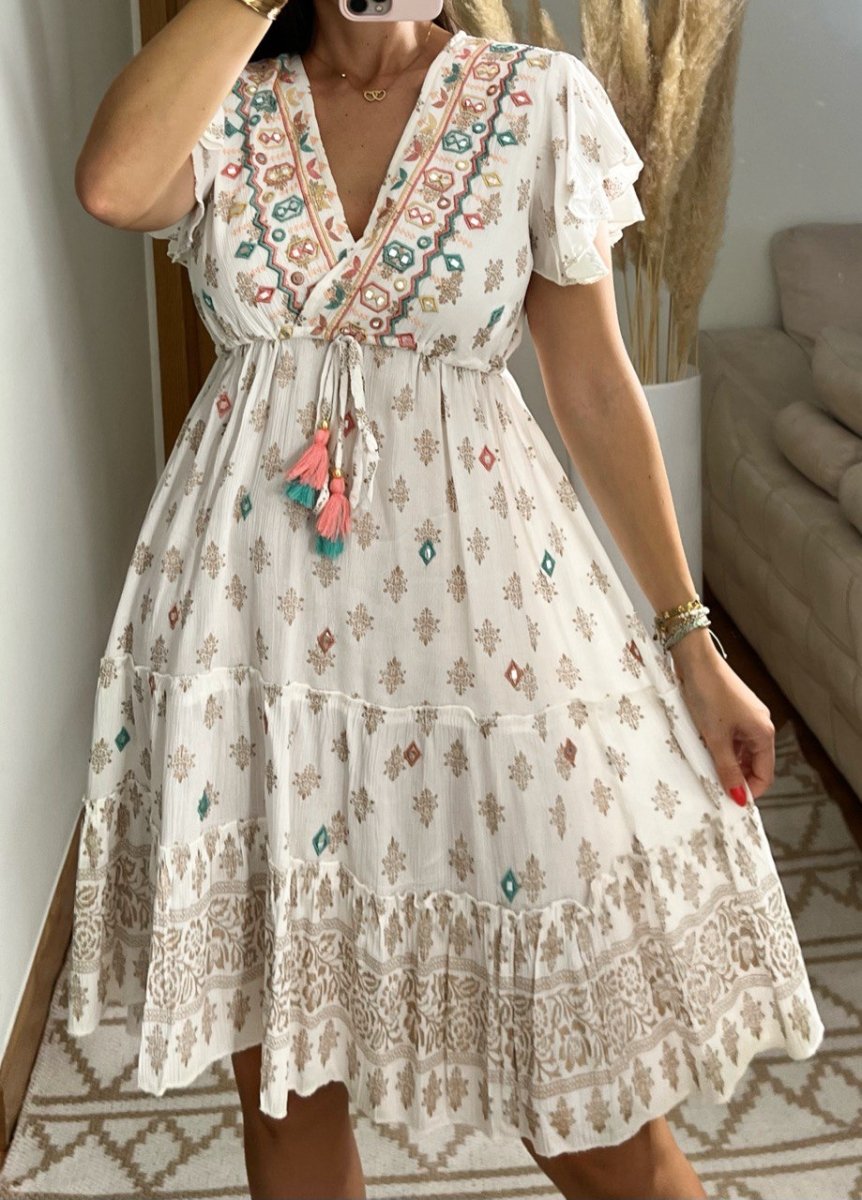 Boho Chic Mini Dress – Hand - Embroidered Elegance - Bohèmea Butik