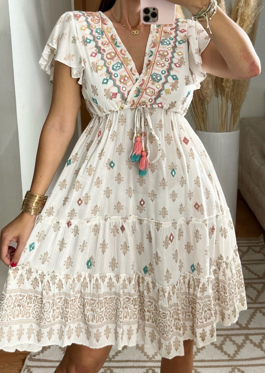 Boho Chic Mini Dress – Hand - Embroidered Elegance - Bohèmea Butik