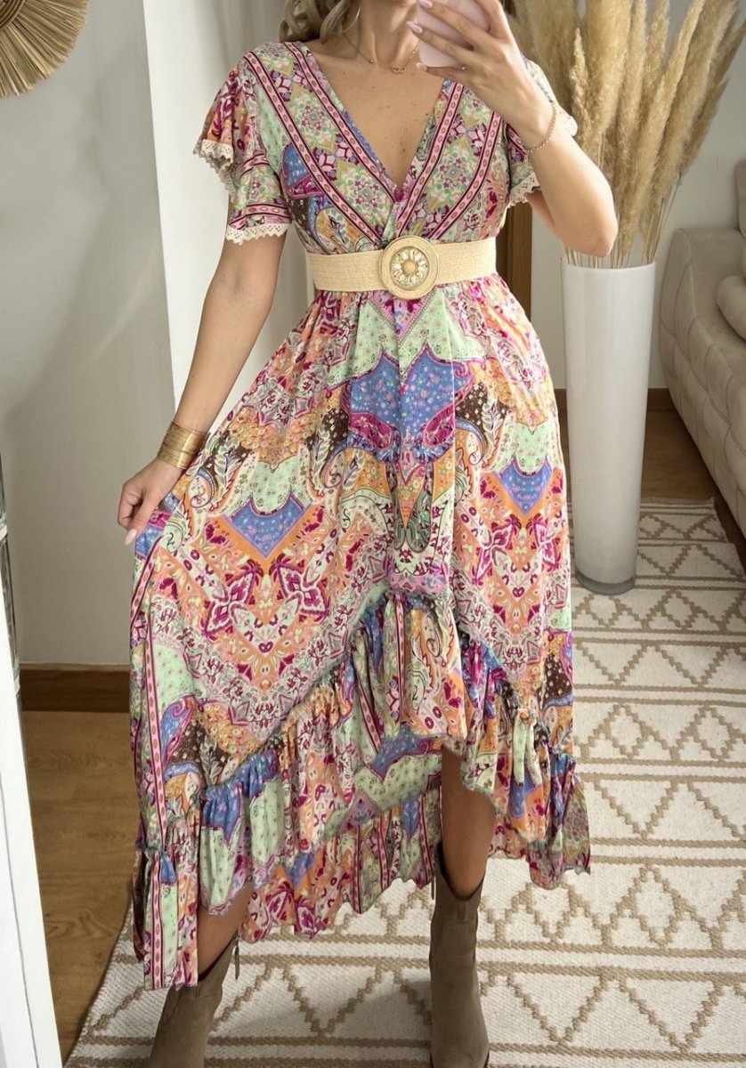 Asymmetrical Multicolored Silk Bohemian Dress - Bohèmea Butik