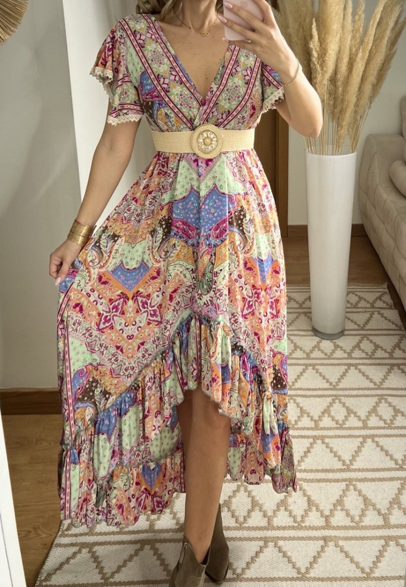 Asymmetrical Multicolored Silk Bohemian Dress - Bohèmea Butik