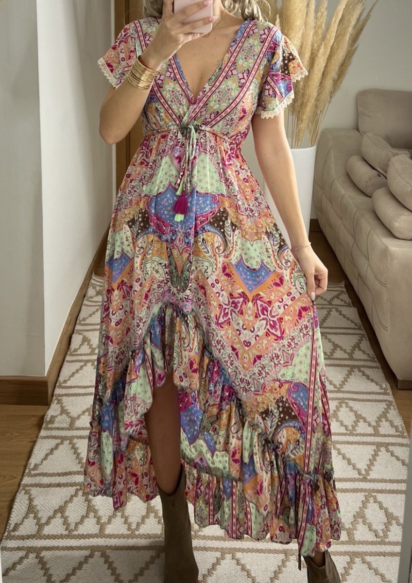 Asymmetrical Multicolored Silk Bohemian Dress - Bohèmea Butik