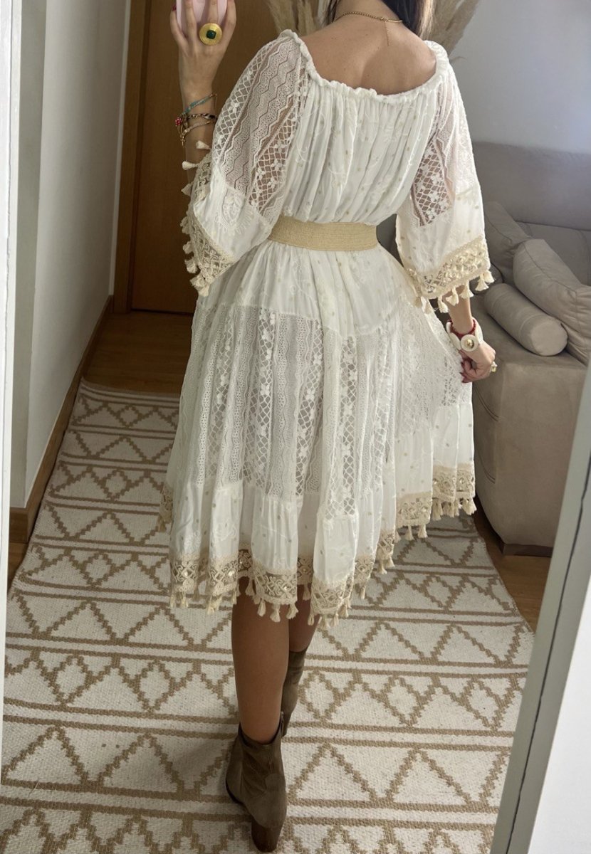 Boho Chic Midi Dress with Lace and Embroidery - Bohèmea Butik