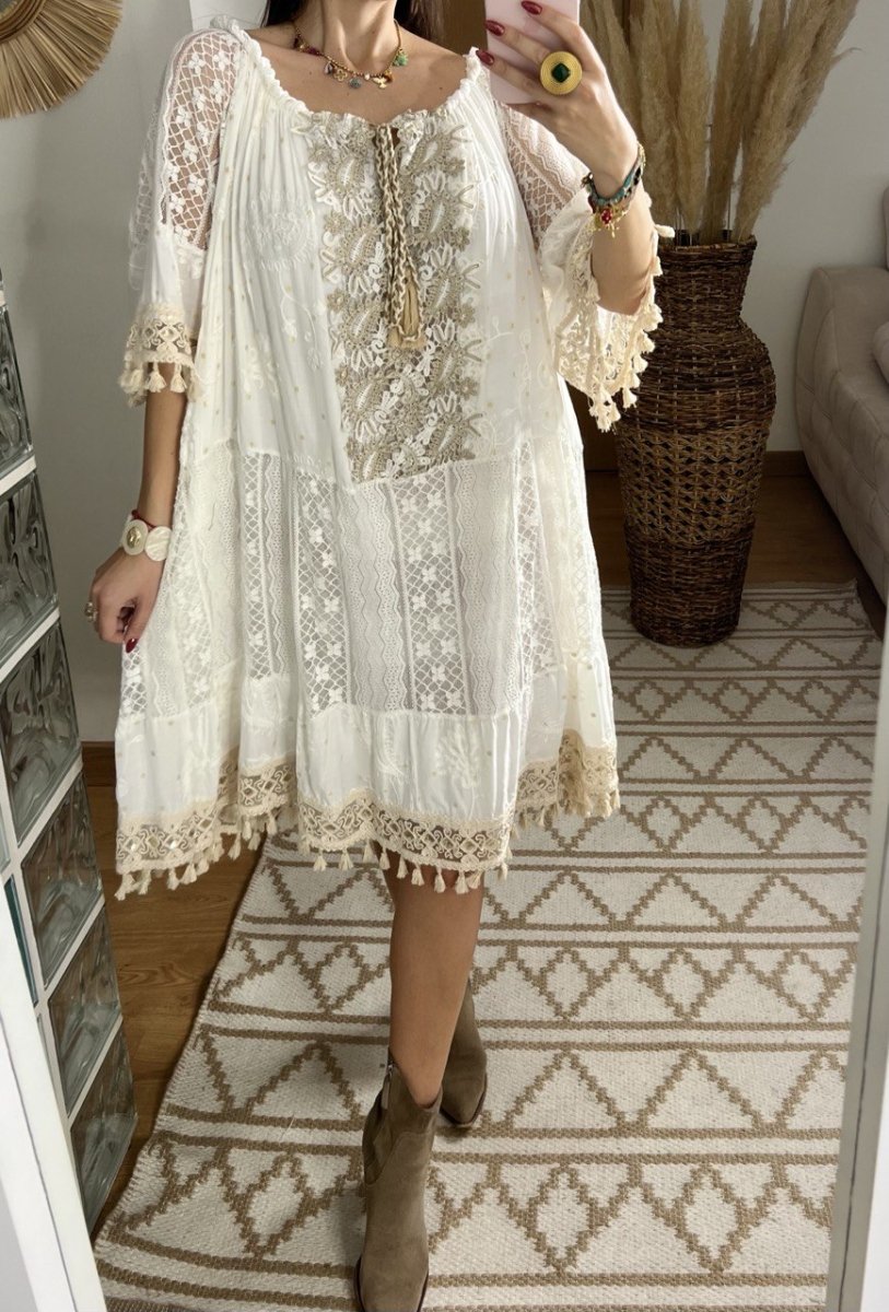 Boho Chic Midi Dress with Lace and Embroidery - Bohèmea Butik