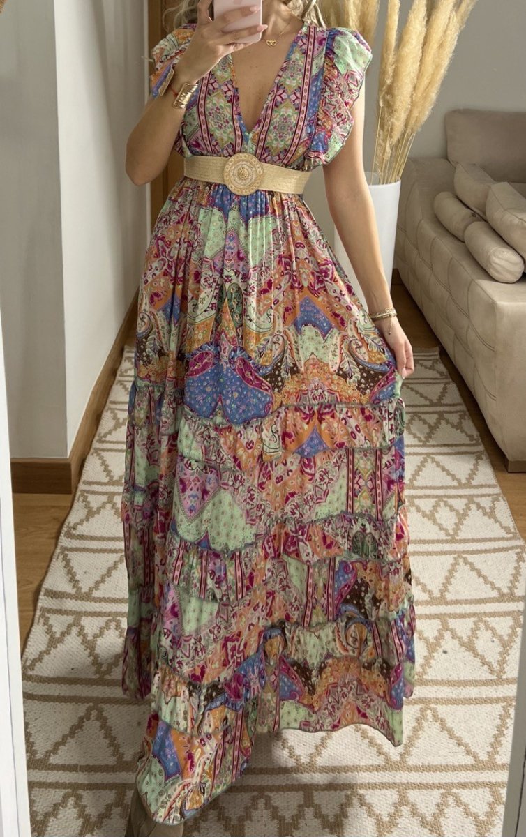 Boho Maxi Dress in 100% Natural Silk – Vibrant Elegance - Bohèmea Butik