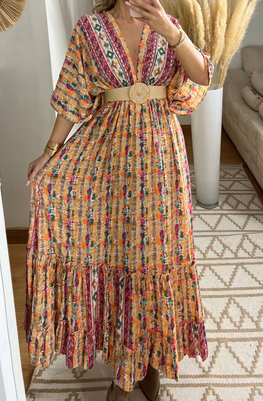Boho Maxi Dress in 100% Natural Silk – Vibrant Elegance - Bohèmea Butik