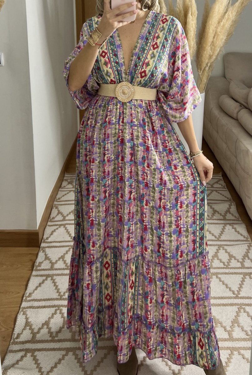 Boho Maxi Dress in 100% Natural Silk – Vibrant Elegance - Bohèmea Butik