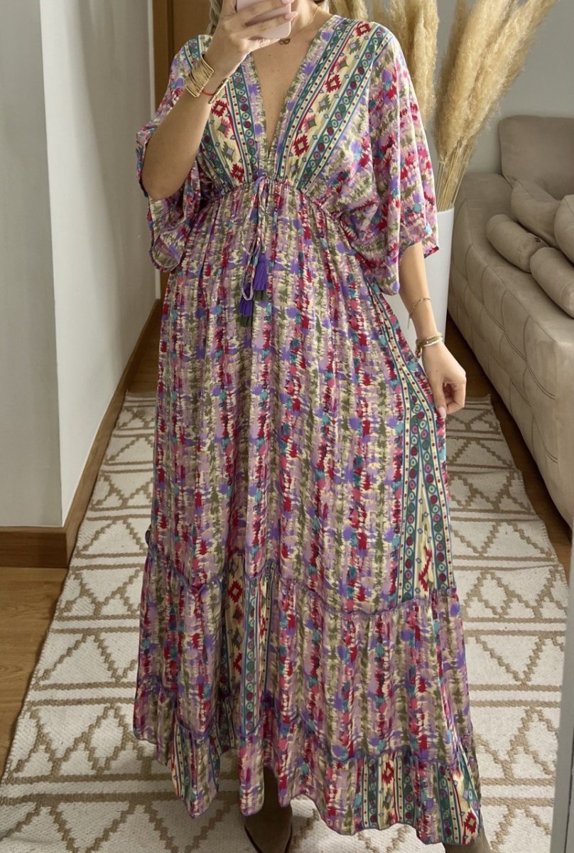 Boho Maxi Dress in 100% Natural Silk – Vibrant Elegance - Bohèmea Butik