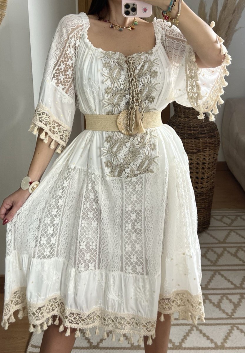 Boho Chic Midi Dress with Lace and Embroidery - Bohèmea Butik