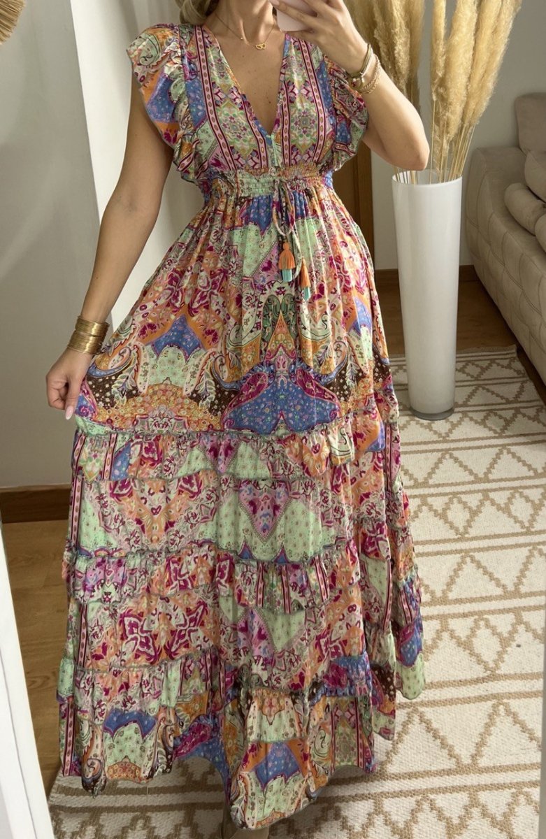 Boho Maxi Dress in 100% Natural Silk – Vibrant Elegance - Bohèmea Butik