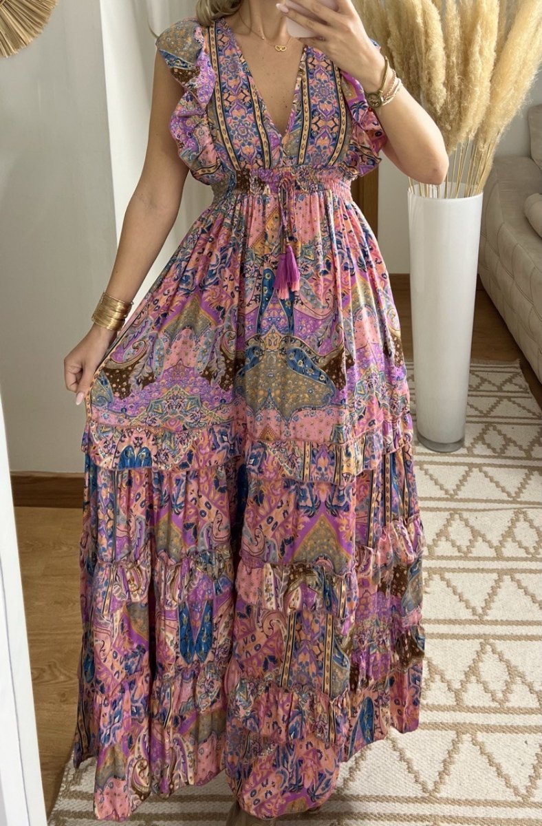 Boho Maxi Dress in 100% Natural Silk – Vibrant Elegance - Bohèmea Butik