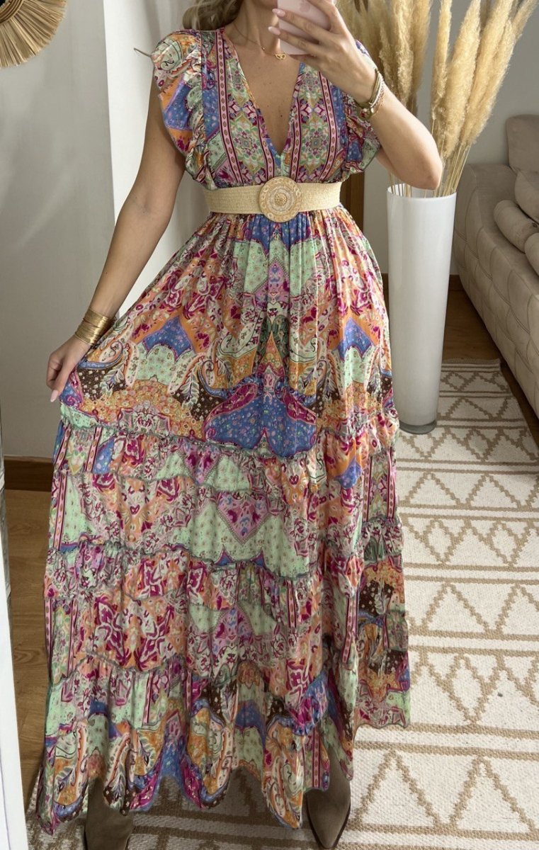 Boho Maxi Dress in 100% Natural Silk – Vibrant Elegance - Bohèmea Butik