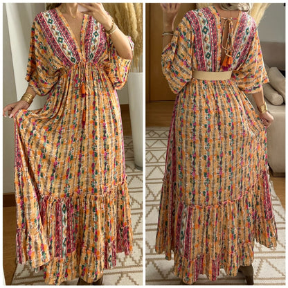 Boho Maxi Dress in 100% Natural Silk – Vibrant Elegance - Bohèmea Butik