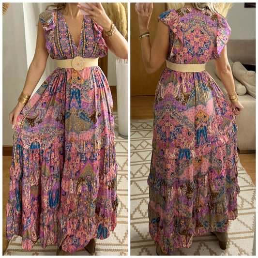 Boho Maxi Dress in 100% Natural Silk – Vibrant Elegance - Bohèmea Butik