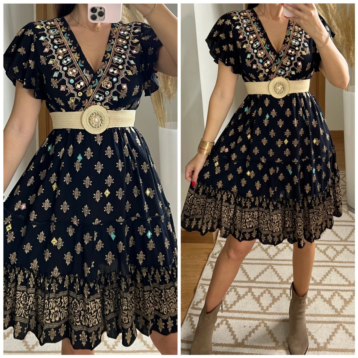 Boho Chic Mini Dress – Hand - Embroidered Elegance - Bohèmea Butik