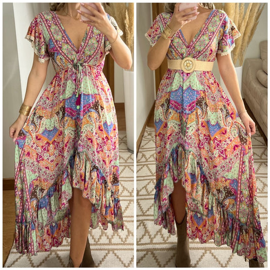 Asymmetrical Multicolored Silk Bohemian Dress - Bohèmea Butik