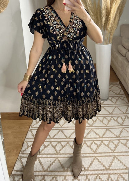 Boho Chic Mini Dress – Hand - Embroidered Elegance - Bohèmea Butik