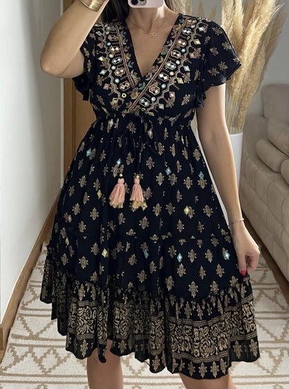 Boho Chic Mini Dress – Hand - Embroidered Elegance - Bohèmea Butik