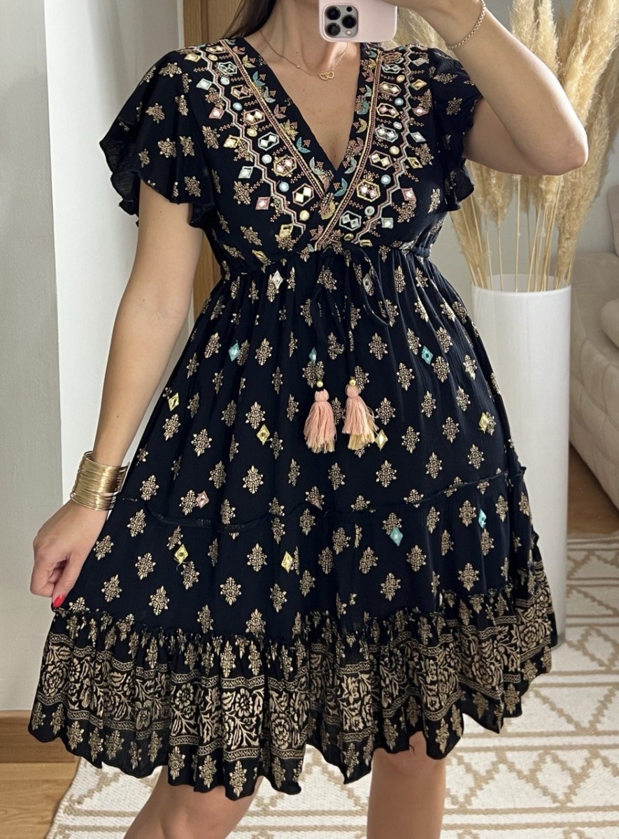 Boho Chic Mini Dress – Hand - Embroidered Elegance - Bohèmea Butik