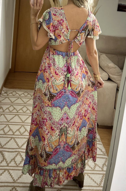 Asymmetrical Multicolored Silk Bohemian Dress - Bohèmea Butik