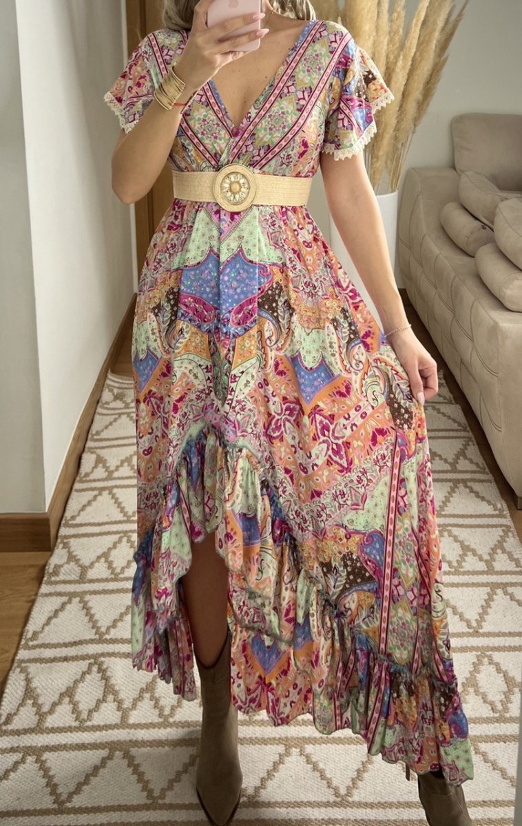 Asymmetrical Multicolored Silk Bohemian Dress - Bohèmea Butik
