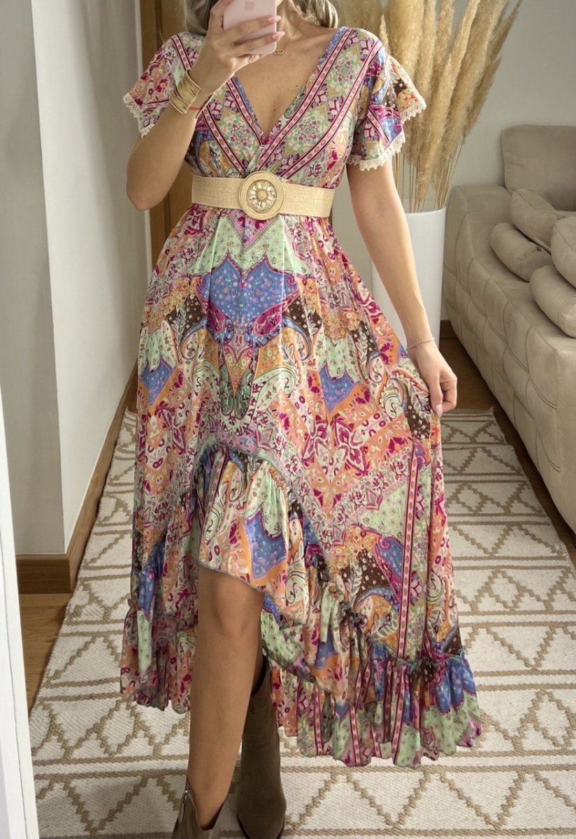 Asymmetrical Multicolored Silk Bohemian Dress - Bohèmea Butik