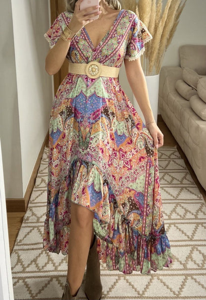 Asymmetrical Multicolored Silk Bohemian Dress - Bohèmea Butik