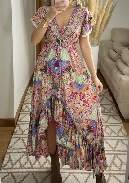 Asymmetrical Multicolored Silk Bohemian Dress - Bohèmea Butik