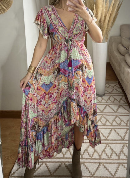 Asymmetrical Multicolored Silk Bohemian Dress - Bohèmea Butik