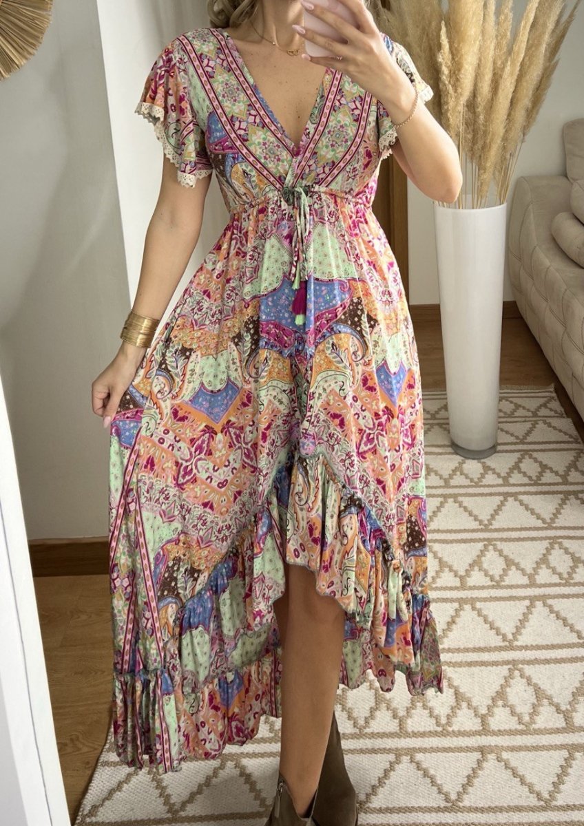 Asymmetrical Multicolored Silk Bohemian Dress - Bohèmea Butik