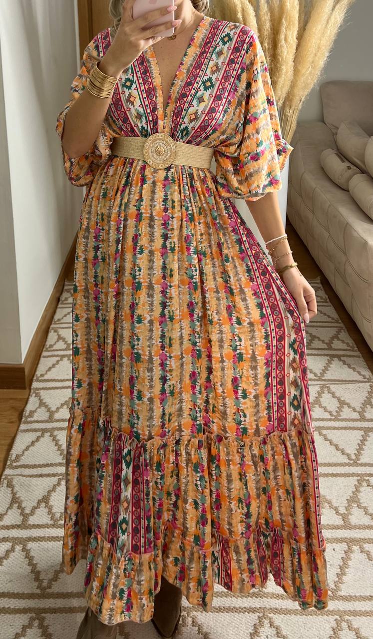 Boho Maxi Dress in 100% Natural Silk – Vibrant Elegance - Bohèmea Butik