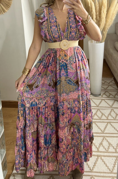 Boho Maxi Dress in 100% Natural Silk – Vibrant Elegance - Bohèmea Butik