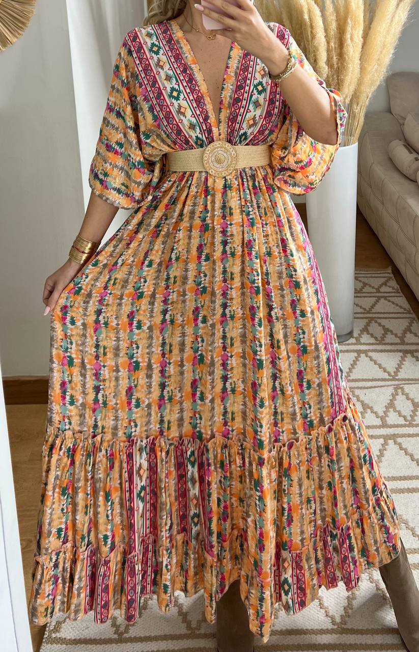 Boho Maxi Dress in 100% Natural Silk – Vibrant Elegance - Bohèmea Butik