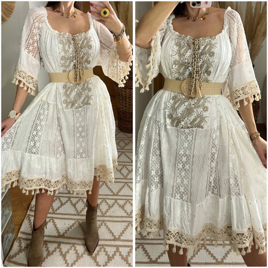 Boho Chic Midi Dress with Lace and Embroidery - Bohèmea Butik