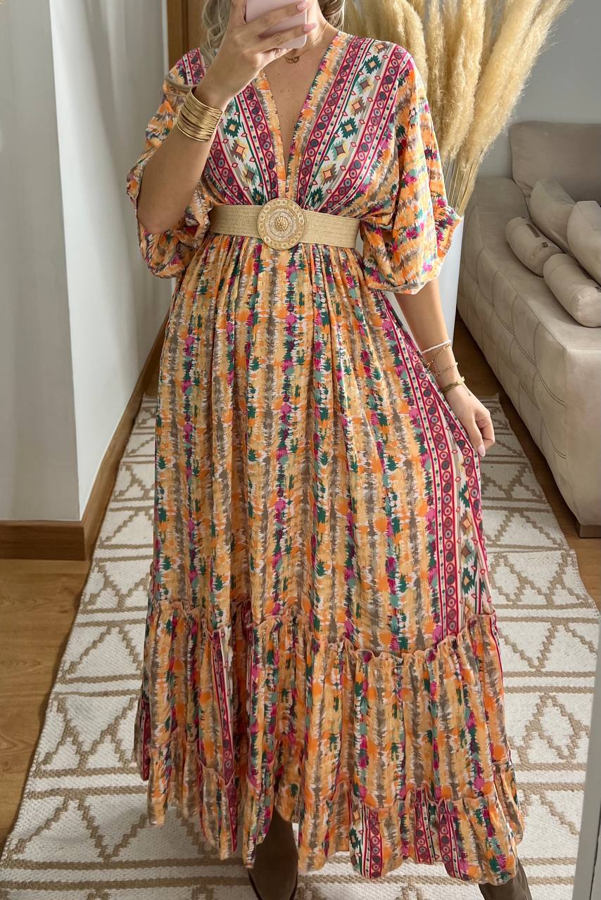 Boho Maxi Dress in 100% Natural Silk – Vibrant Elegance - Bohèmea Butik