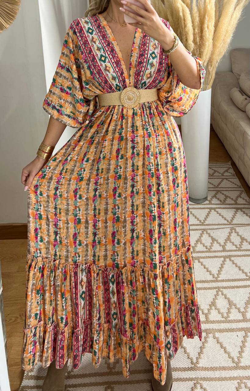 Boho Maxi Dress in 100% Natural Silk – Vibrant Elegance - Bohèmea Butik