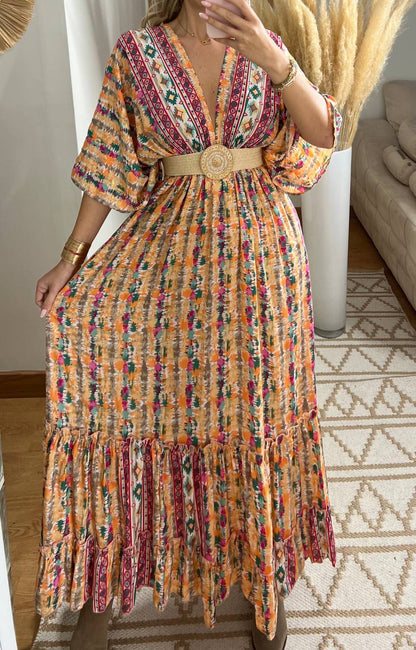 Boho Maxi Dress in 100% Natural Silk – Vibrant Elegance - Bohèmea Butik