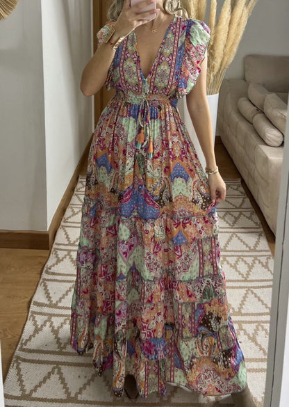 Boho Maxi Dress in 100% Natural Silk – Vibrant Elegance - Bohèmea Butik