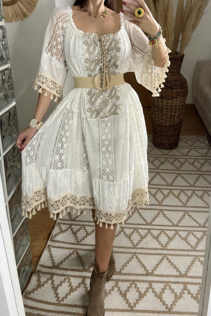 Boho Chic Midi Dress with Lace and Embroidery - Bohèmea Butik
