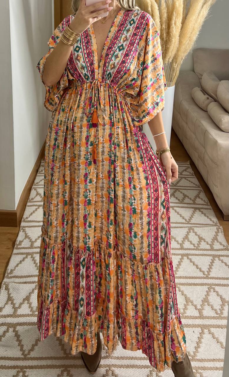 Boho Maxi Dress in 100% Natural Silk – Vibrant Elegance - Bohèmea Butik