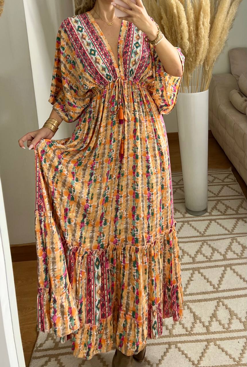 Boho Maxi Dress in 100% Natural Silk – Vibrant Elegance - Bohèmea Butik