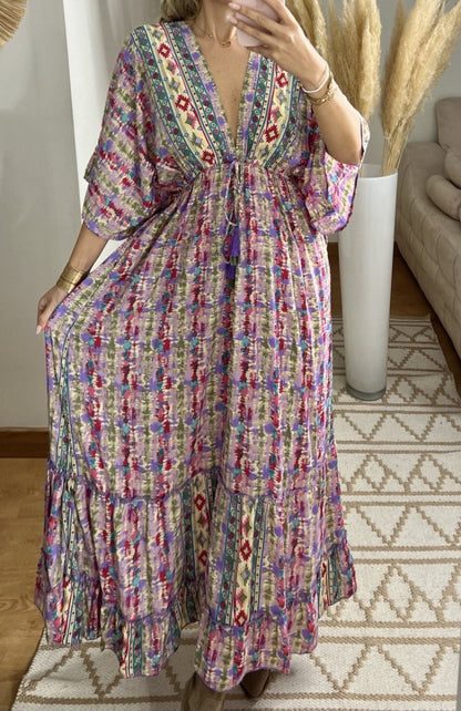 Boho Maxi Dress in 100% Natural Silk – Vibrant Elegance - Bohèmea Butik