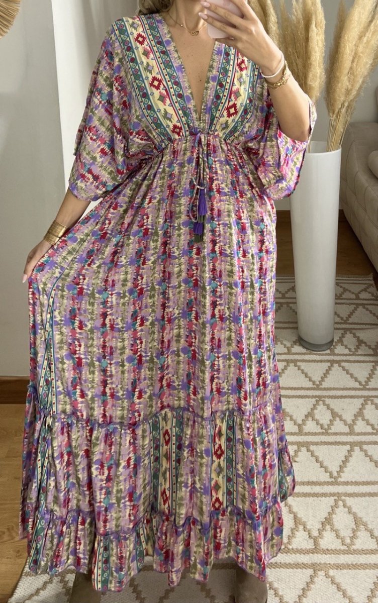 Boho Maxi Dress in 100% Natural Silk – Vibrant Elegance - Bohèmea Butik