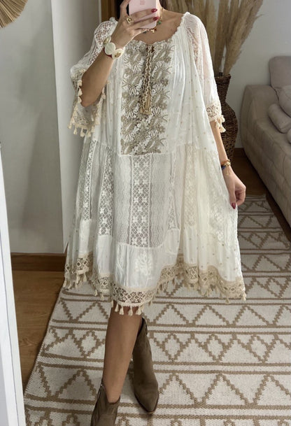 Boho Chic Midi Dress with Lace and Embroidery - Bohèmea Butik