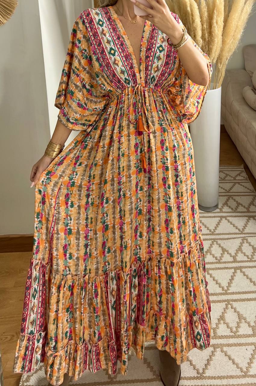 Boho Maxi Dress in 100% Natural Silk – Vibrant Elegance - Bohèmea Butik