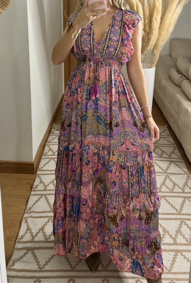 Boho Maxi Dress in 100% Natural Silk – Vibrant Elegance - Bohèmea Butik