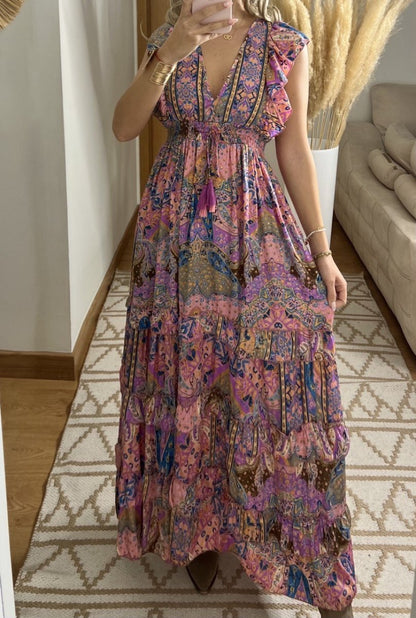 Boho Maxi Dress in 100% Natural Silk – Vibrant Elegance - Bohèmea Butik