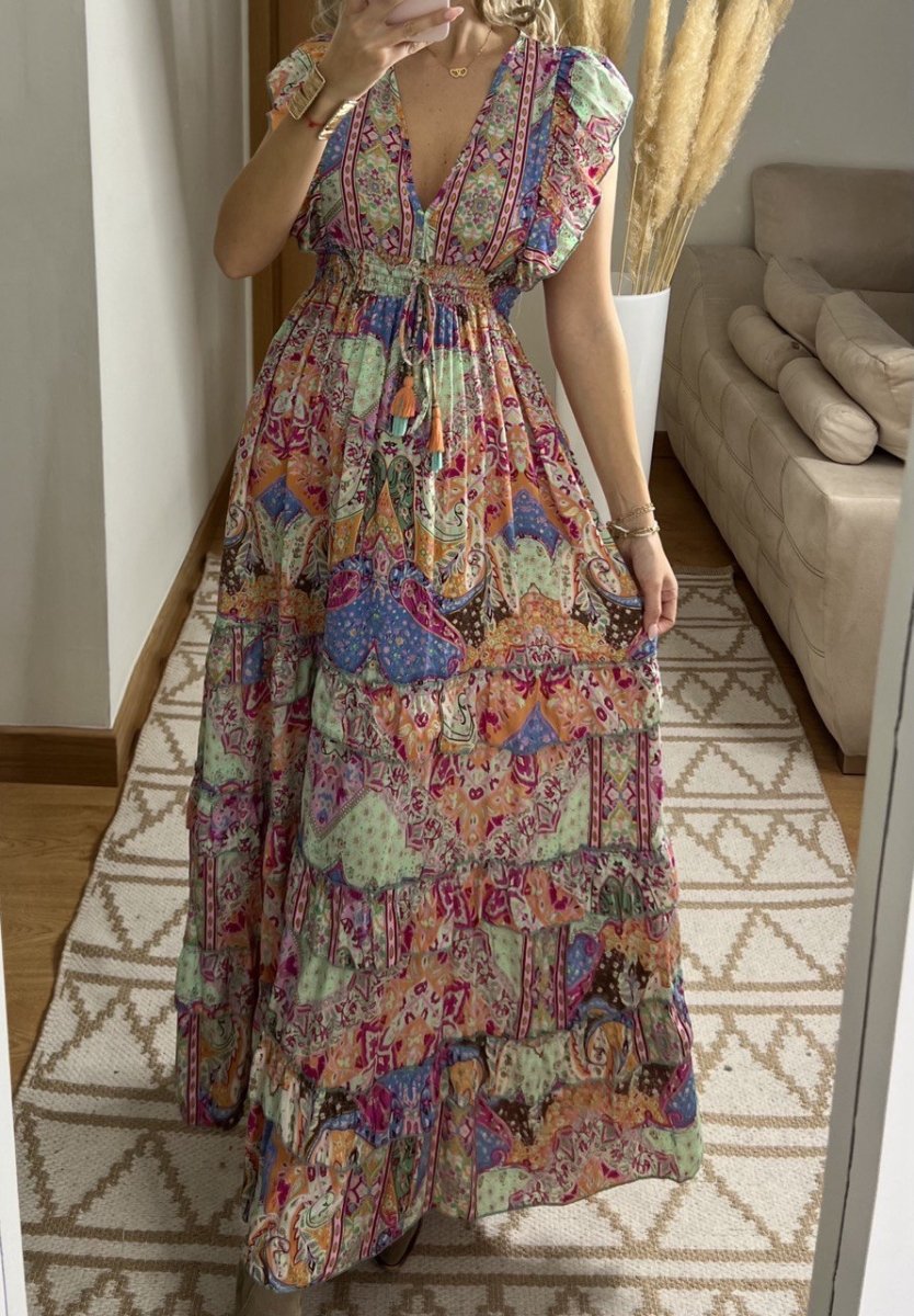 Boho Maxi Dress in 100% Natural Silk – Vibrant Elegance - Bohèmea Butik